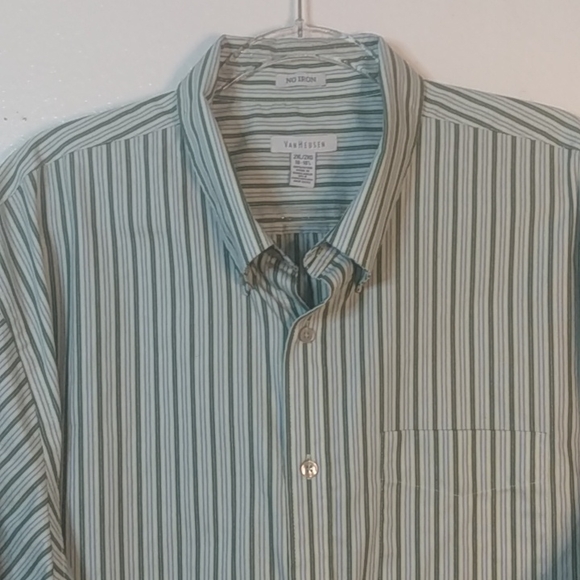 Van Heusen 2XL No Iron Button Down Shirt Short Sleeve Green Stripes 18-18.5 - Picture 4 of 11